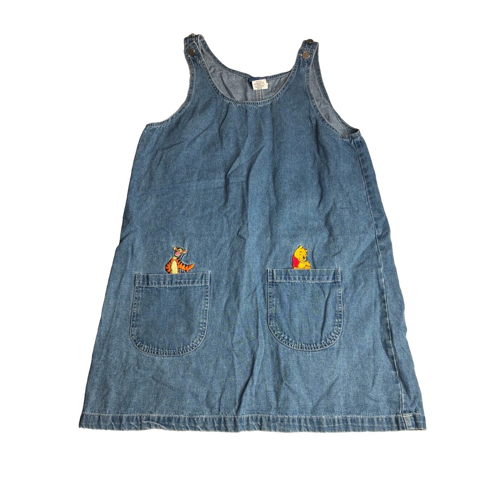 Vtg Winnie the Pooh Denim Jumper Overall Dress Blue Jean Sz Large Tigger Pockets